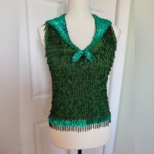1960s Emerald Green Knit Sequin and Beaded Sailor Shell Top Wicked Style